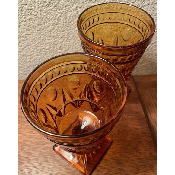 Vintage Amber Pedestal Pony - Goblet Heavy Etched Glass - Set of 2 - Picture 3 of 5